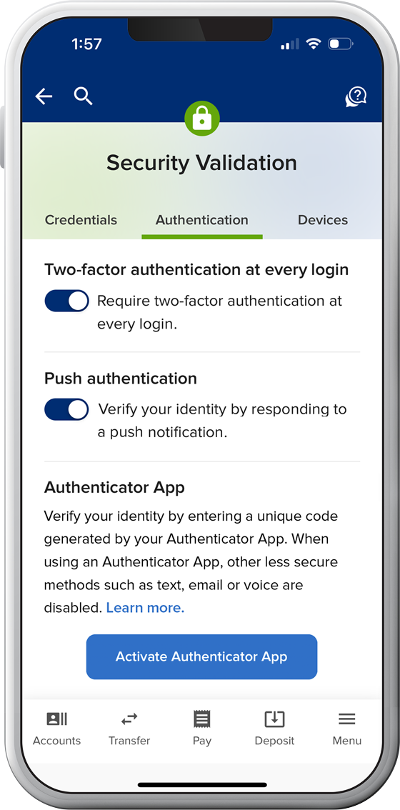 Credit union digital banking security setting options