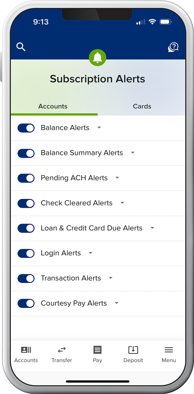 Credit union digital banking account and card alerts 