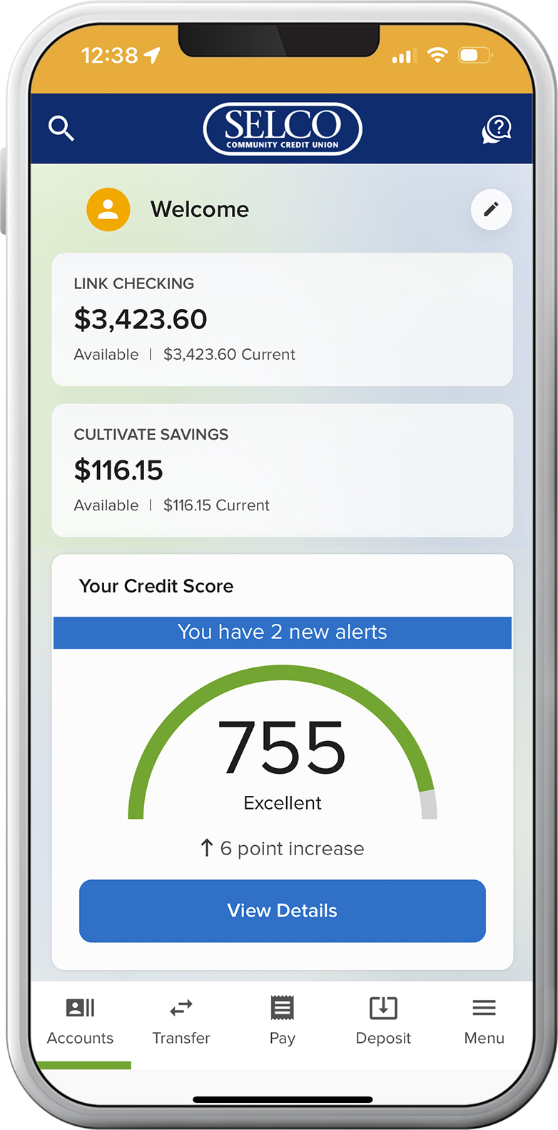 General digital banking app showing checking, cultivate savings and credit score. 