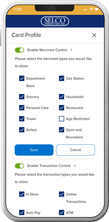 Smartphone with SELCO's card controls