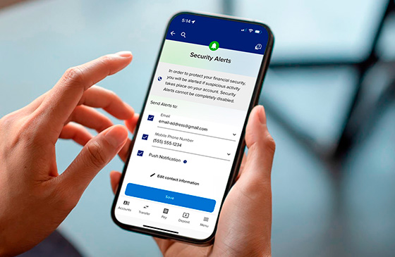 Security alert options for SELCO community credit union app. 