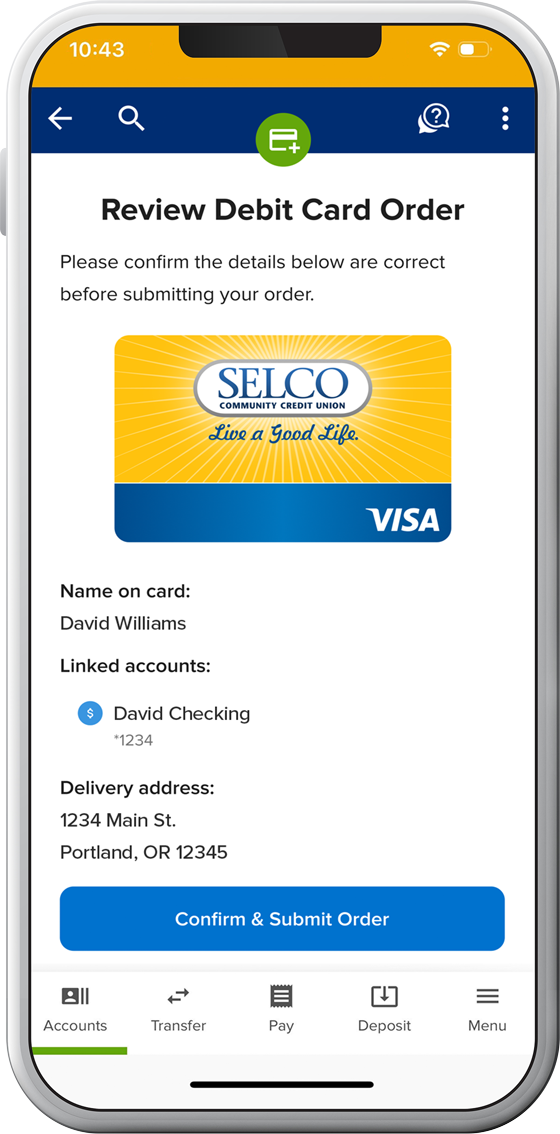 Cell phone with SELCO Review Debit Card Order on the screen.