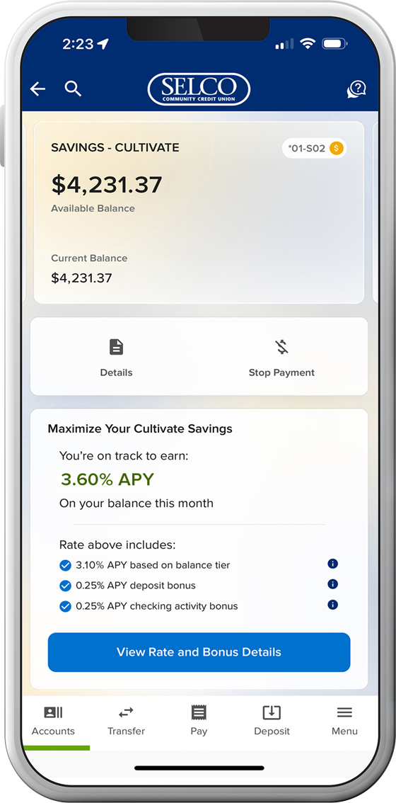 SELCO community credit union Cultivate High-Yield Savings tracker showing 3.60% APY with two .50% bonuses achieved.