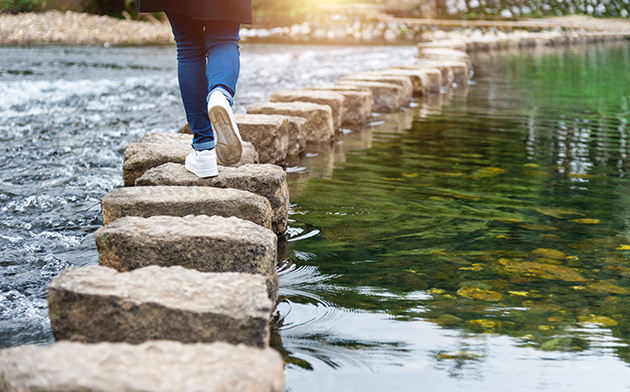 Person walking on stone path next to pond