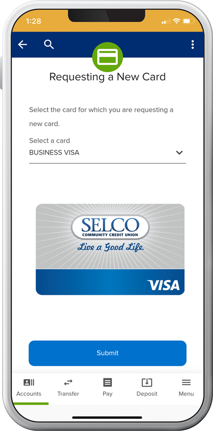 SELCO app showing how to order new card