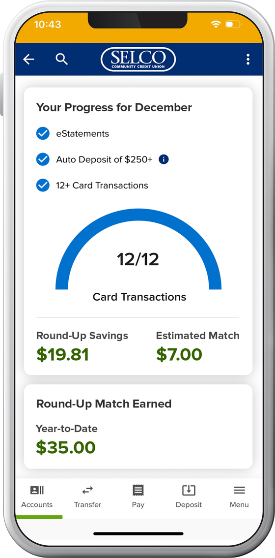 SELCO digital banking app showing the Link checking tracker. 