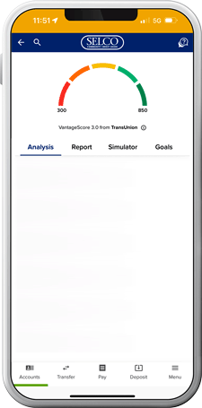 SELCO community credit union mobile app showing credit monitoring tools.