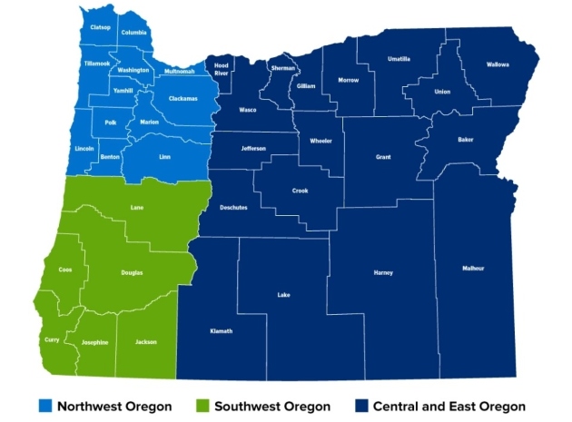 Map of Oregon with three regions in different colors