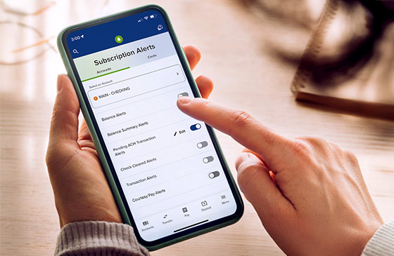 Person looking at their subscription alerts on their phone in the SELCO app.