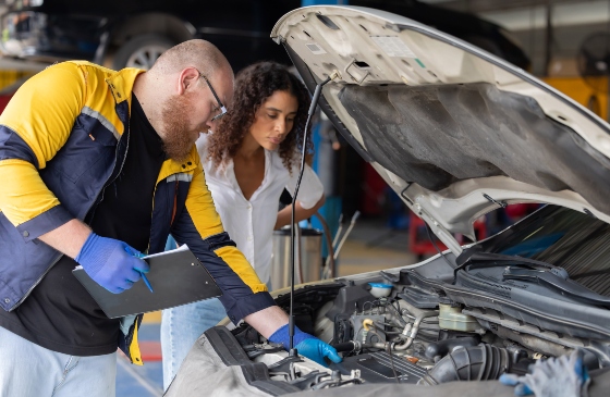 Mechanic looking at a car engine with the hood open.