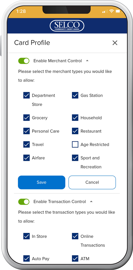 Card controls function on SELCO app