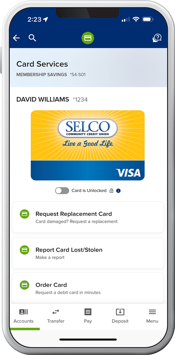 Cell phone image with SELCO app showing on the screen.